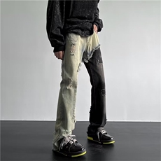 牛仔裤男高街vibe美式潮痞帅破洞拼接修身小脚微喇叭裤NT662-P48，男装牛仔裤，星座1008-1