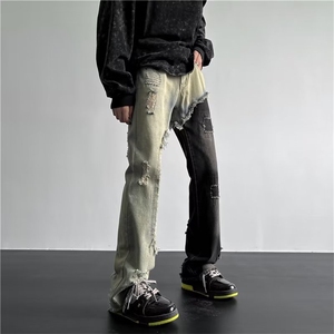 牛仔裤男高街vibe美式潮痞帅破洞拼接修身小脚微喇叭裤NT662-P48图片