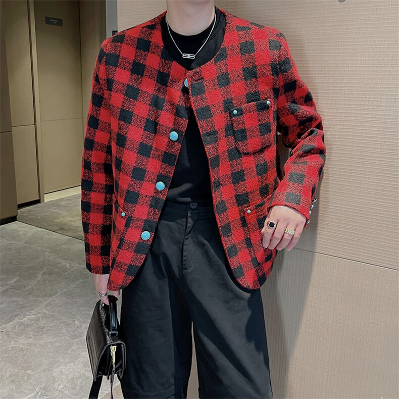 王嘉尔同款复古红色格子外套男时尚高级感小香风夹克JK2353-P130,男装夹克,电商B267