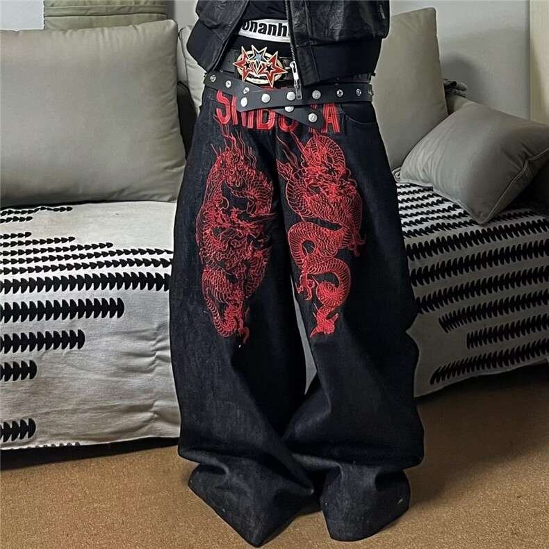 W10681-P58网图现货重工刺绣龙文艺宽松阔腿牛仔裤,男装牛仔裤,星座1608