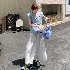 蓝色又酷又飒衬衫马甲休闲裤套装2025新款女夏轻熟通勤穿搭两件套，女装套装/套裙，2C166