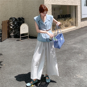 蓝色又酷又飒衬衫马甲休闲裤套装2025新款女夏轻熟通勤穿搭两件套图片