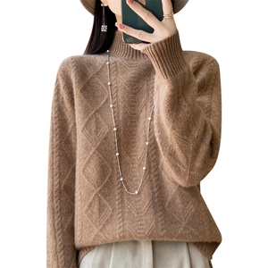 半高领菱形扭花100%纯羊毛衫女2024秋冬加厚长袖毛衣宽松羊绒打底图片