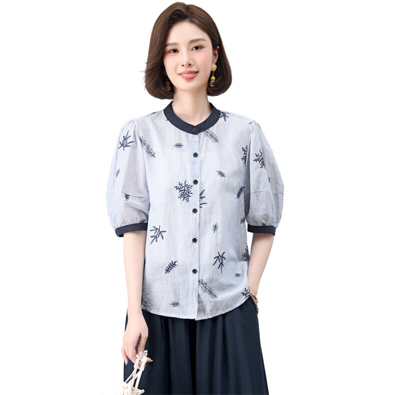 小个子纯棉刺绣小衫女夏季韩版休闲宽松年轻款妈妈薄款衬衫上衣潮,女装衬衫,江忆布依