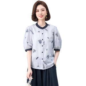 小个子纯棉刺绣小衫女夏季韩版休闲宽松年轻款妈妈薄款衬衫上衣潮图片