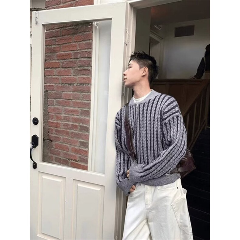 秋冬日系复古条纹撞色开衫毛衣男高街潮牌小众慵懒风休闲针织衫,男装针织衫/毛衣,星座506A