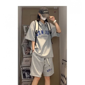 2025美式潮流POLO衫短袖男女同款夏季痞帅宽松上衣短裤套装男图片