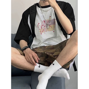 抖音得物高品质二开240克宽松纯棉美式潮牌插肩袖拼接短袖T恤图片