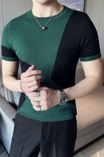 2024早秋新款修身圆领拼色提花针织衫毛衣打底衫男净版M06-p45，男装针织衫/毛衣，电商D303