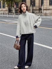 时尚格纹拼接立领短外套女2025秋季新款宽松休闲百搭显瘦夹克上衣，女装短外套，E百度