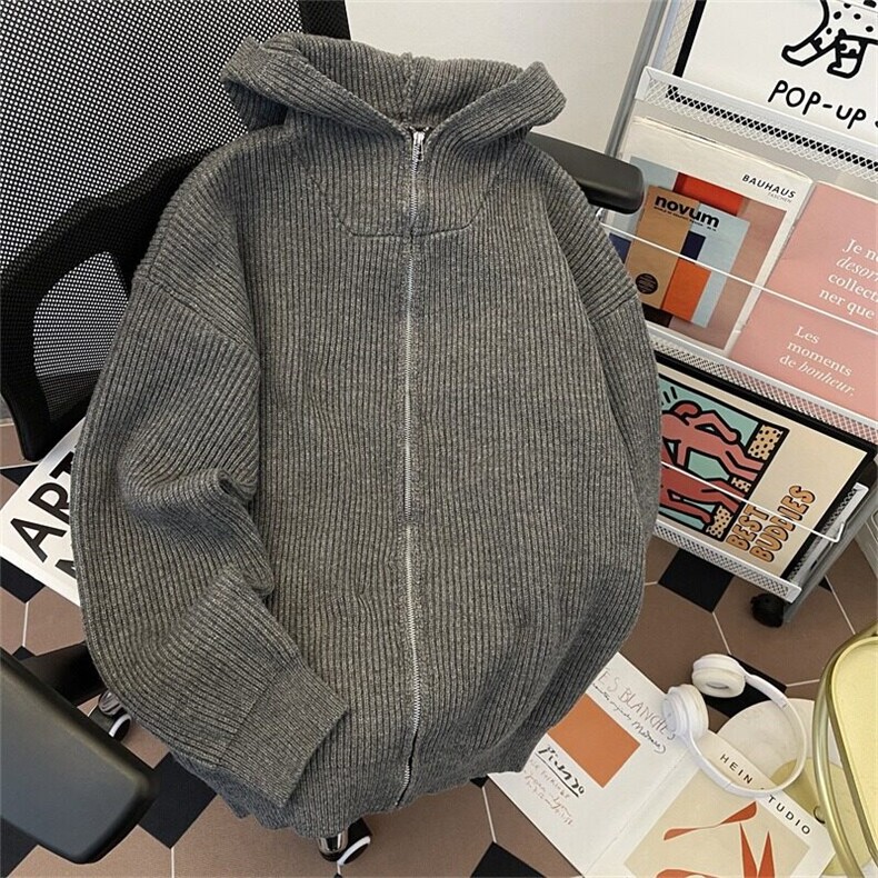 款韩货宽松设计感慵懒风加厚拉链连帽毛衣开衫外套男女秋冬季图片