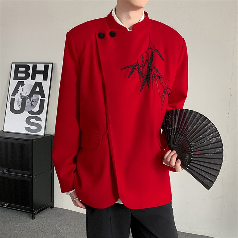 26过年喜庆立领西装结婚敬酒服新中式风竹子绣花休闲西服外套,男装西服套装,星座909