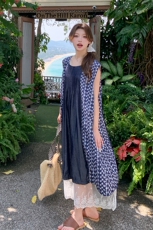 森系复古假两件碎花连衣裙女2025夏季新款宽松小个子蕾丝拼接长裙，女装连衣裙，2C029