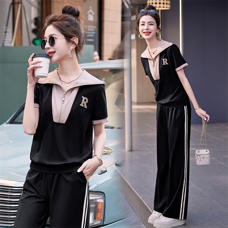 夏季女士运动服两件套短袖休闲时尚潮流拼接大码妈妈装显瘦套装，女装套装/套裙，依路服饰