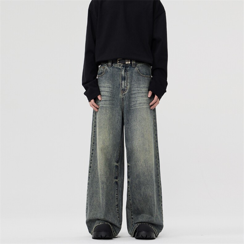 宽松直筒阔腿牛仔裤美式水洗做旧复古vintage男女同款情侣长裤子图片