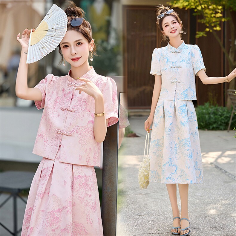 设计感绝美独特女2025夏新中式设计感显瘦外套时尚百褶裙两件,女装连衣裙,罗得堡