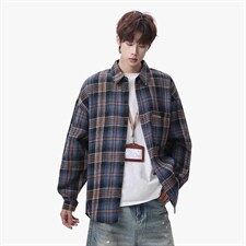 衬衫男春季新款港风宽松大码磨毛格子长袖衬衣CS618-P35，男装衬衫，星座214-3