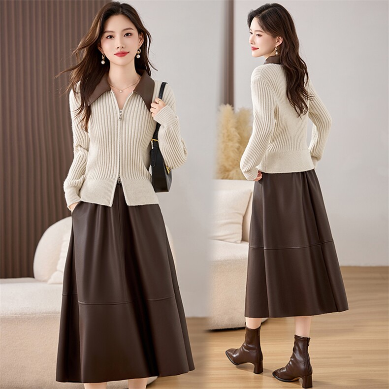 2025年冬季秋装新款两件套针织皮裙温暖休闲风套装裙子，女装套装/套裙，欣贝拉