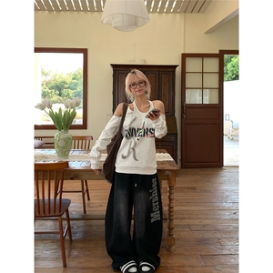 NECOYEP 美式复古渐变做旧字母阔腿弯刀卫裤男女宽松休闲拖地长裤图片