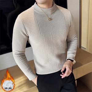 一体绒加厚针织衫 暗花修身半高领长袖毛衣针织打底衫男96006-p68图片