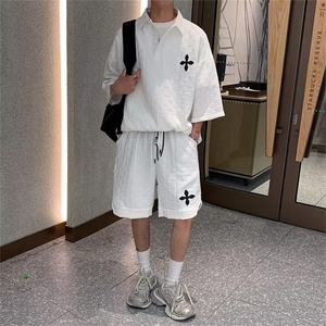 2023港风文艺休闲套装男春夏宽松潮流两件套短袖T恤五分裤图片