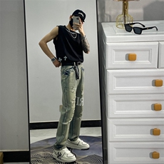 夏季美式复古破洞直筒牛仔裤纯色百搭裤子JZX97-P58，男装牛仔裤，星座1109-3