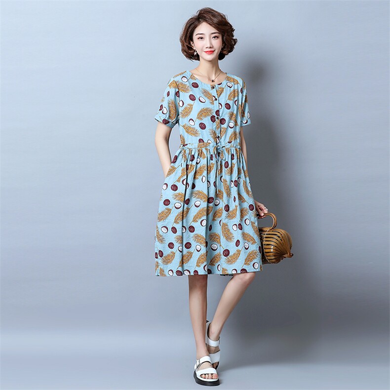 圆领中长款短袖2021年夏季碎花连衣裙A字裙韩版，女装套装/套裙，独衣靓