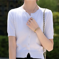 夏季新款简约圆领纯棉高腰短款平面开衫宽松百搭显瘦时尚休闲上衣，女装针织衫/毛衣，鑫源羊绒