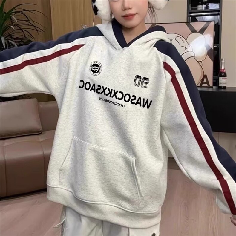 美式复古慵懒风撞色卫衣拼接条纹情侣外套513AWY2788常规35加绒45,女装短外套,星座513A