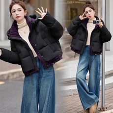 时尚撞色休闲连帽短款羽绒服女冬新款宽松加厚保暖白鸭绒外套，女装羽绒服，韩蔻秀