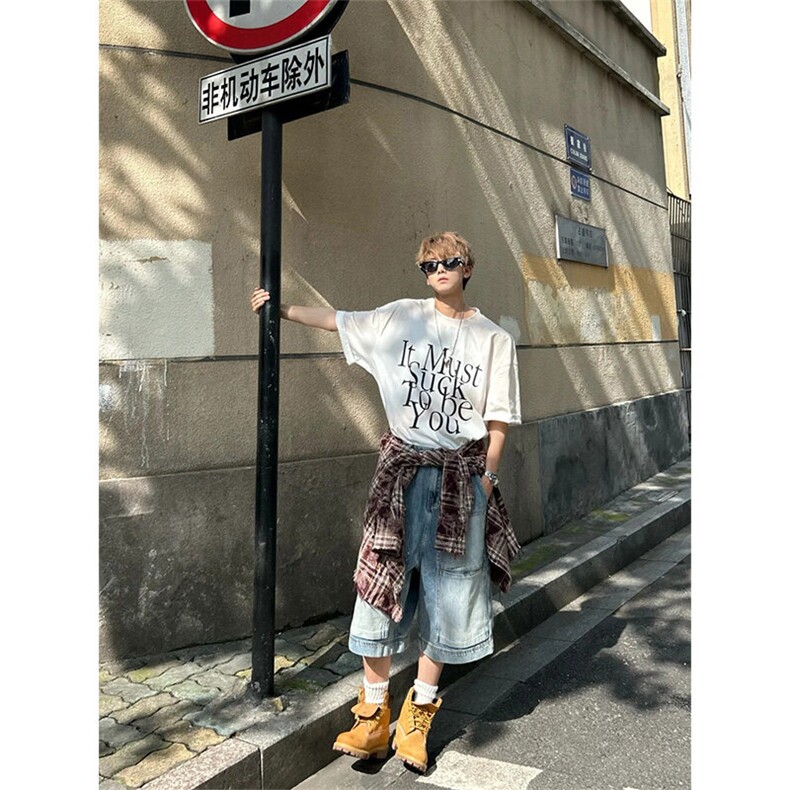 现货~美式高街工装牛仔短裤男复古宽松直筒中裤七分裤A3125-特P45，男装牛仔裤，星座1004-3