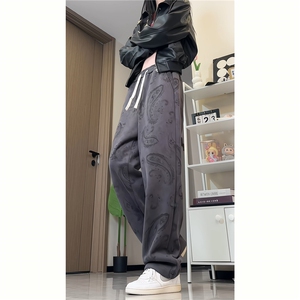 815A-K318-P55控88 扎染脏脏复古腰果花裤子重磅直筒休闲裤卫裤图片