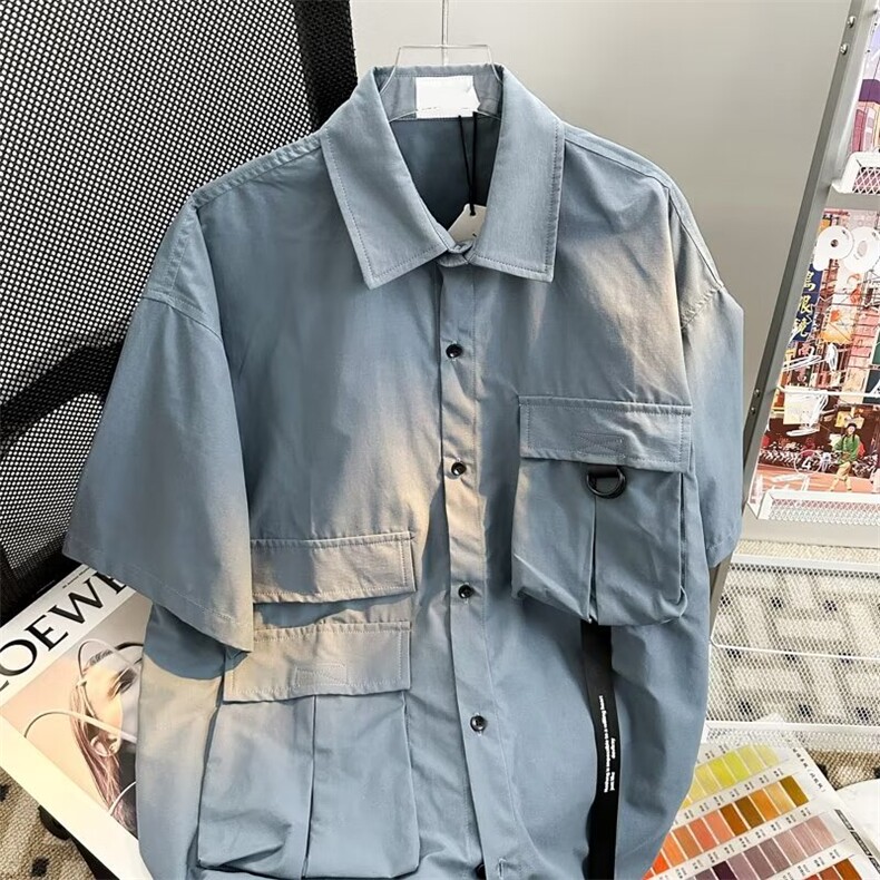 设计感日系工装短袖衬衫男夏潮流大码宽松口袋休闲半袖衬衣外套,男装衬衫,星座1013