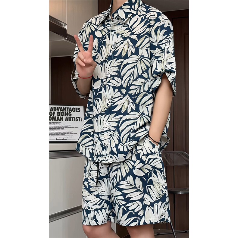 短袖衬衫男+短裤男套装男100%聚酯纤维M-5XL大码TZ78707P50控98,男装休闲套装,星座226-1