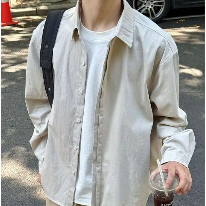 日系简约长袖衬衫男士春秋新款宽松大码帅气衬衣休闲潮牌外套图片