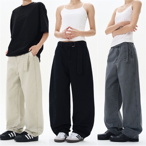 2025春夏美式复古腰带款石磨休闲裤宽男女松直筒弯刀裤潮牌图片