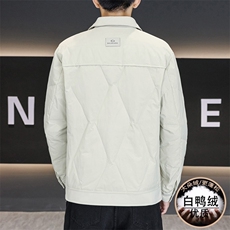 白色翻领轻薄羽绒服男冬季新款拼接设计高级感假两件保暖夹克外套，男装夹克，星座914