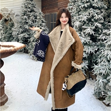 超保暖复古美拉德色长款皮毛一体大衣外套190-5080-P285K398，女装毛呢外套，2B190
