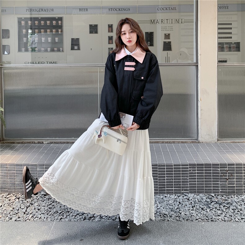 黑色撞色减龄工装外套女2025秋季新款设计感学院风宽松百搭夹克潮,女装短外套,2C030