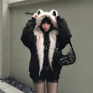 美式复古麂皮毛领座山雕外套女冬季新款设计感猫耳朵夹棉加厚棉衣图片