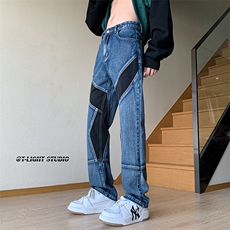 B221美式ins高街暗黑小众拼接修身小脚牛仔裤LK23038-P65控88，男装牛仔裤，电商B221