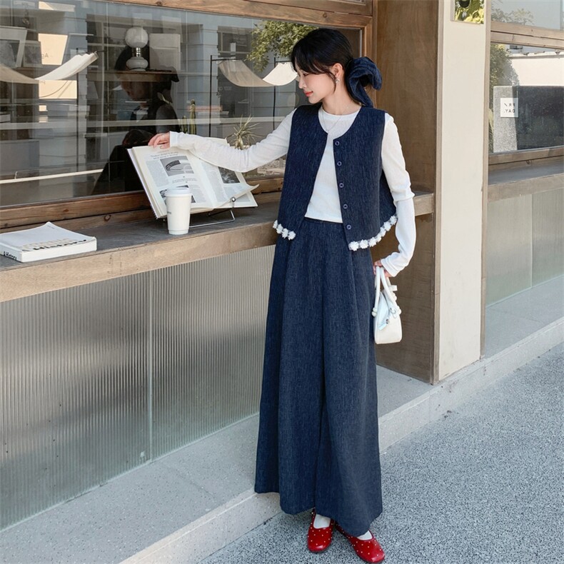 蕾丝拼接牛仔马甲套装裤女春秋2025新款韩系长袖打底阔腿裤三件套,女装套装/套裙,2C203