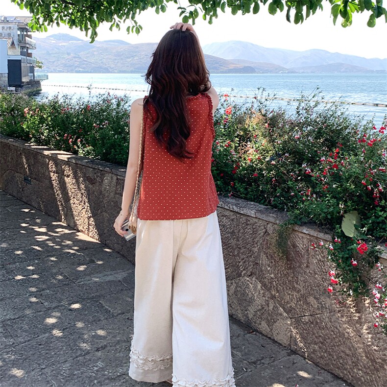 浪漫氛围感减龄复古波点上衣套装女2025夏新款木耳边阔腿裤两件套,女装套装/套裙,浙宝220