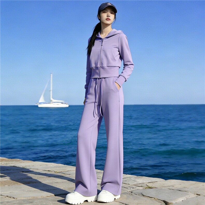 欧货慵懒风时尚套装女春季设计感纯色连帽外套休闲阔腿长裤两件套,女装套装/套裙,江南