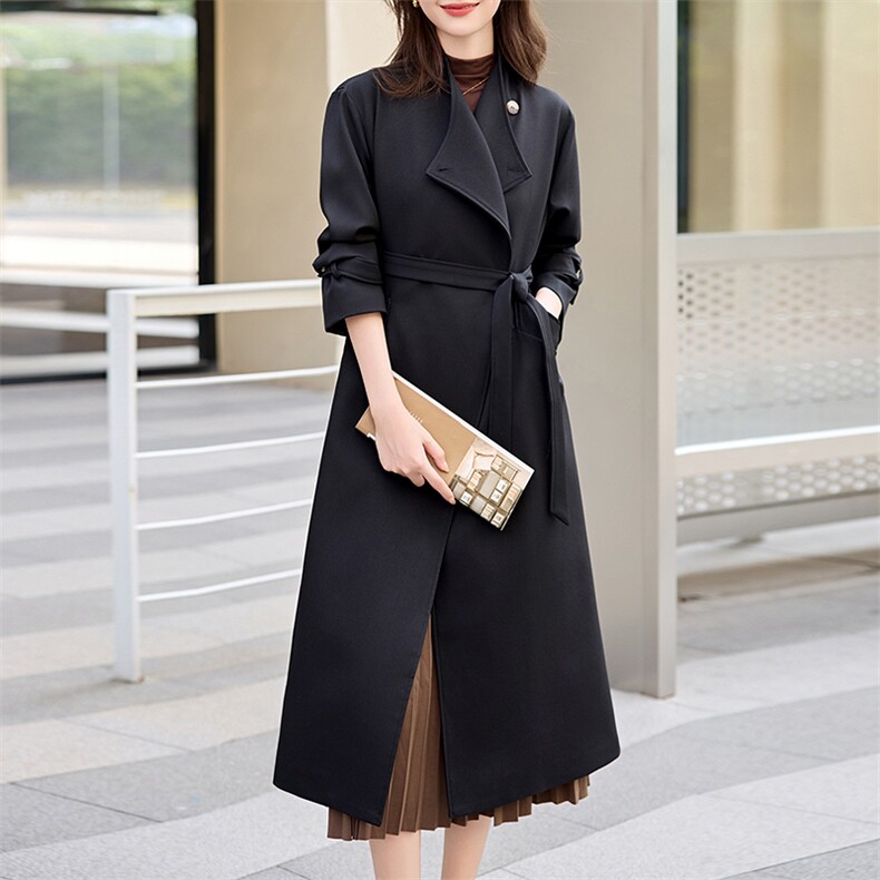 欧货正品一口价女2024秋冬英伦风中长款宽松百搭收腰系带翻领风衣,女装风衣,时尚俏佳人