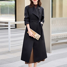 欧货正品一口价女2024秋冬英伦风中长款宽松百搭收腰系带翻领风衣，女装风衣，时尚俏佳人