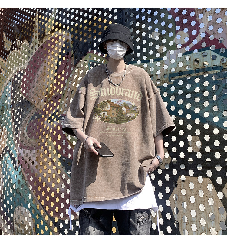 创意印花水洗短袖男夏季美式复古T恤ins港风潮流做旧高街,男装T恤,电商C306-1