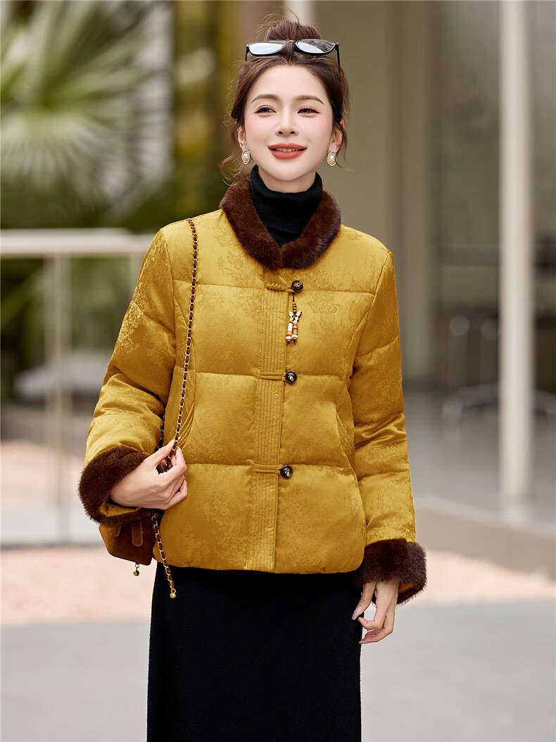 现货！现货！现货！2025年冬季人丝提花新中式白鸭绒羽绒服,女装羽绒服,衣之秀