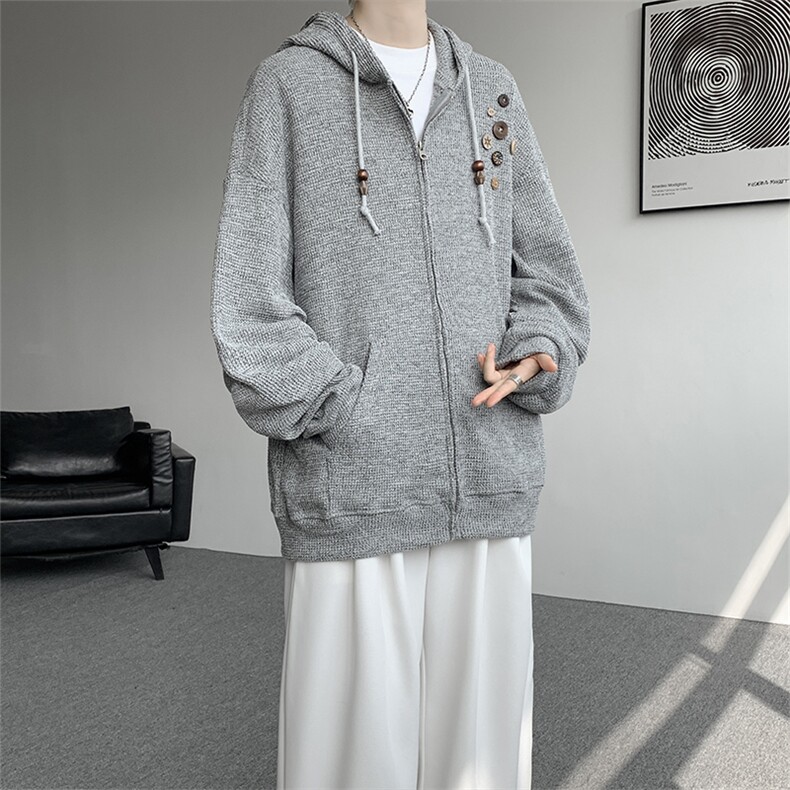 美式复古设计感针织连帽外套男女小众慵懒卫衣开衫潮牌WY21P78,男装卫衣,电商D206-1