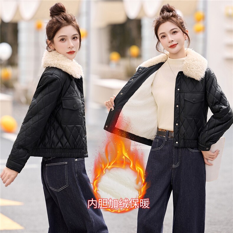 小个子加绒加厚皮衣外套女冬季短款高级感气质减龄皮棉服棉衣,女装皮衣,吾爱衣